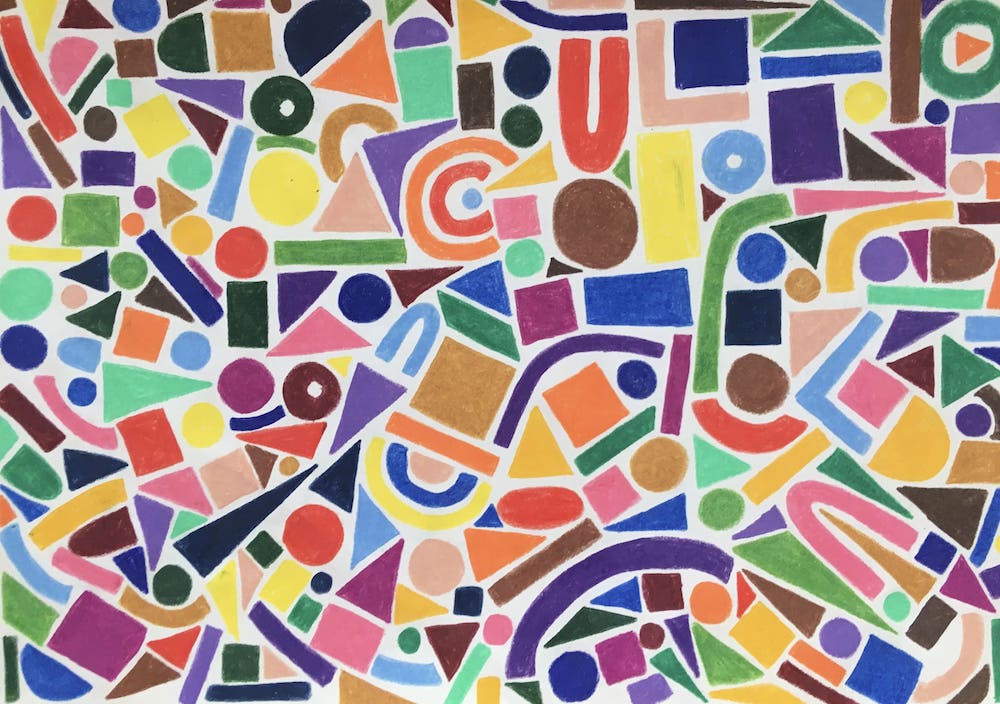 A drawing of many colorful shapes