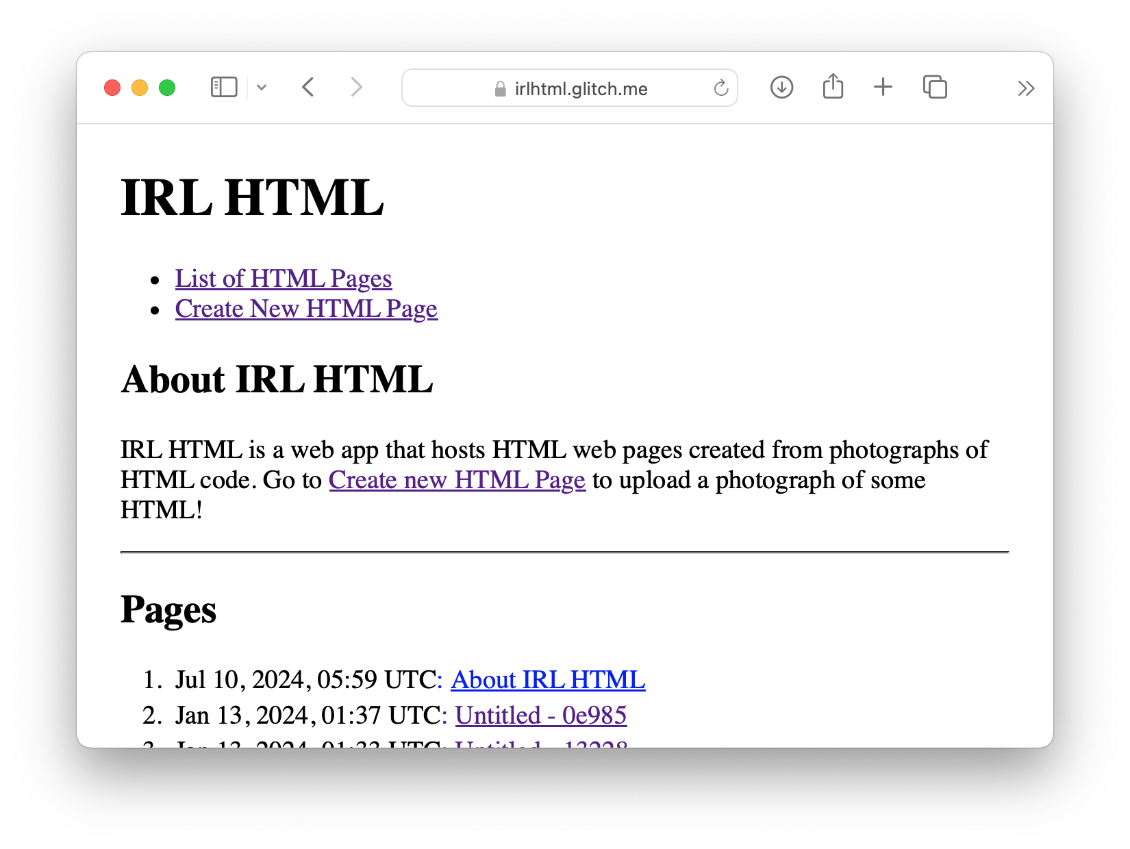 A screenshot of the IRL HTML website