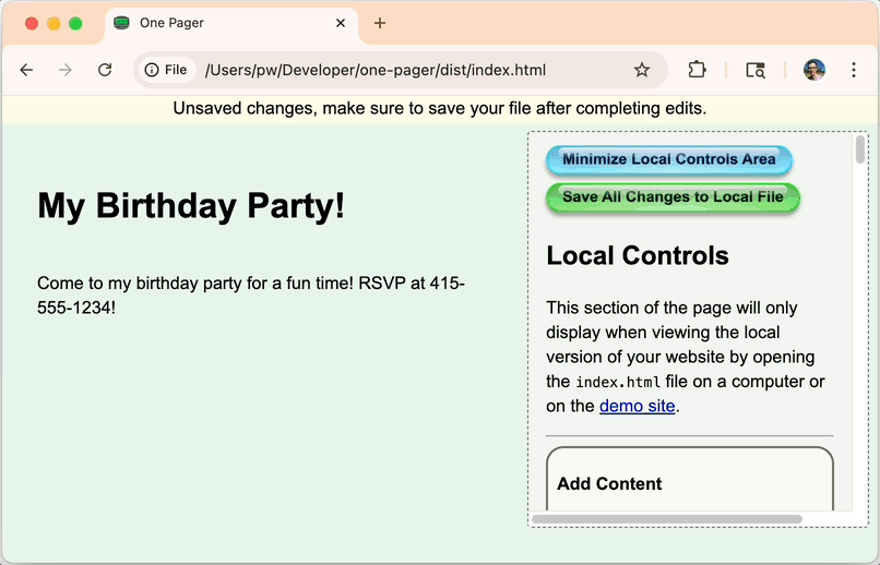An animated screen capture of using One Pager to make a web page about a birthday party.