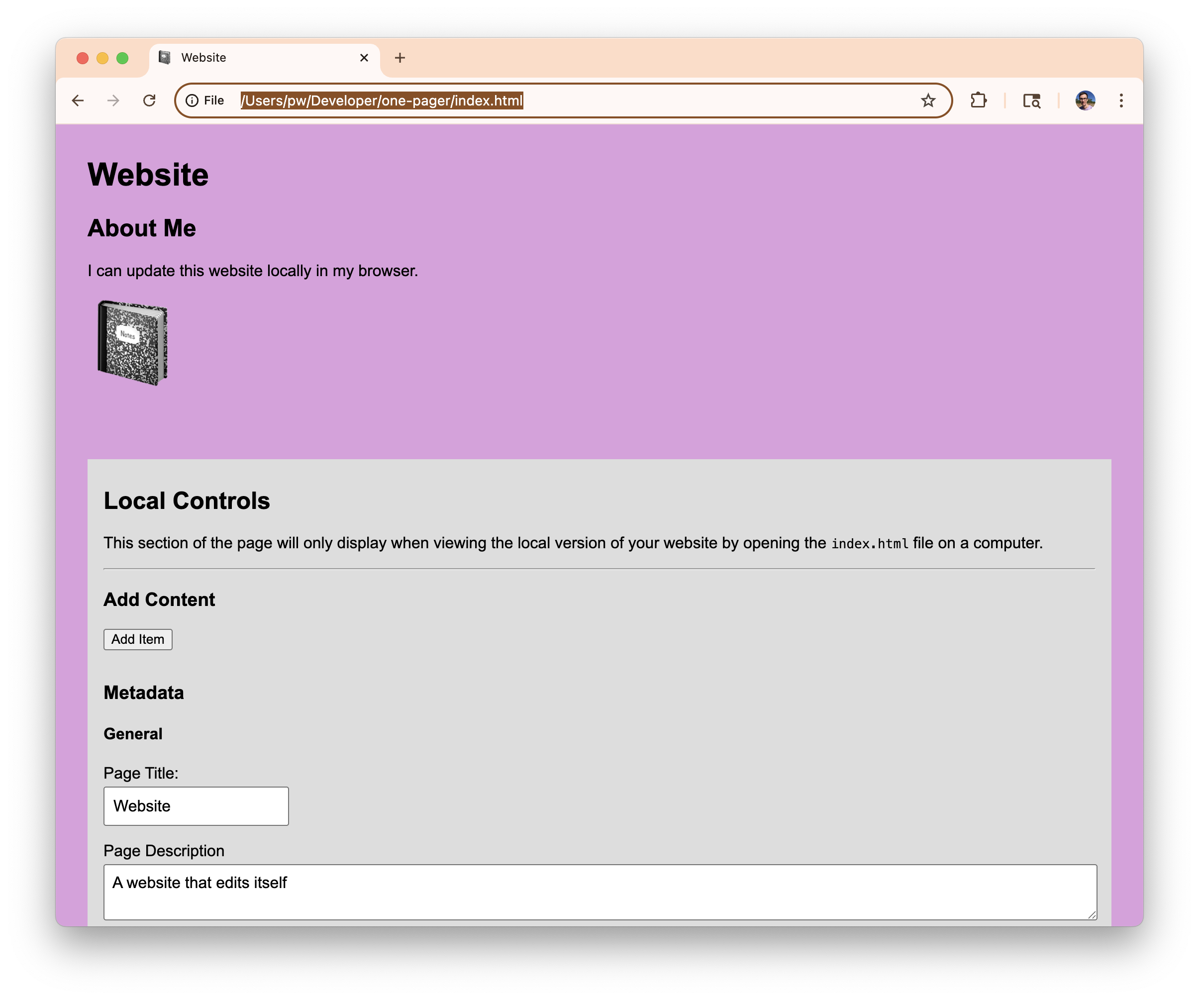 A screenshot of an early prototype with a control panel to update page metadata.