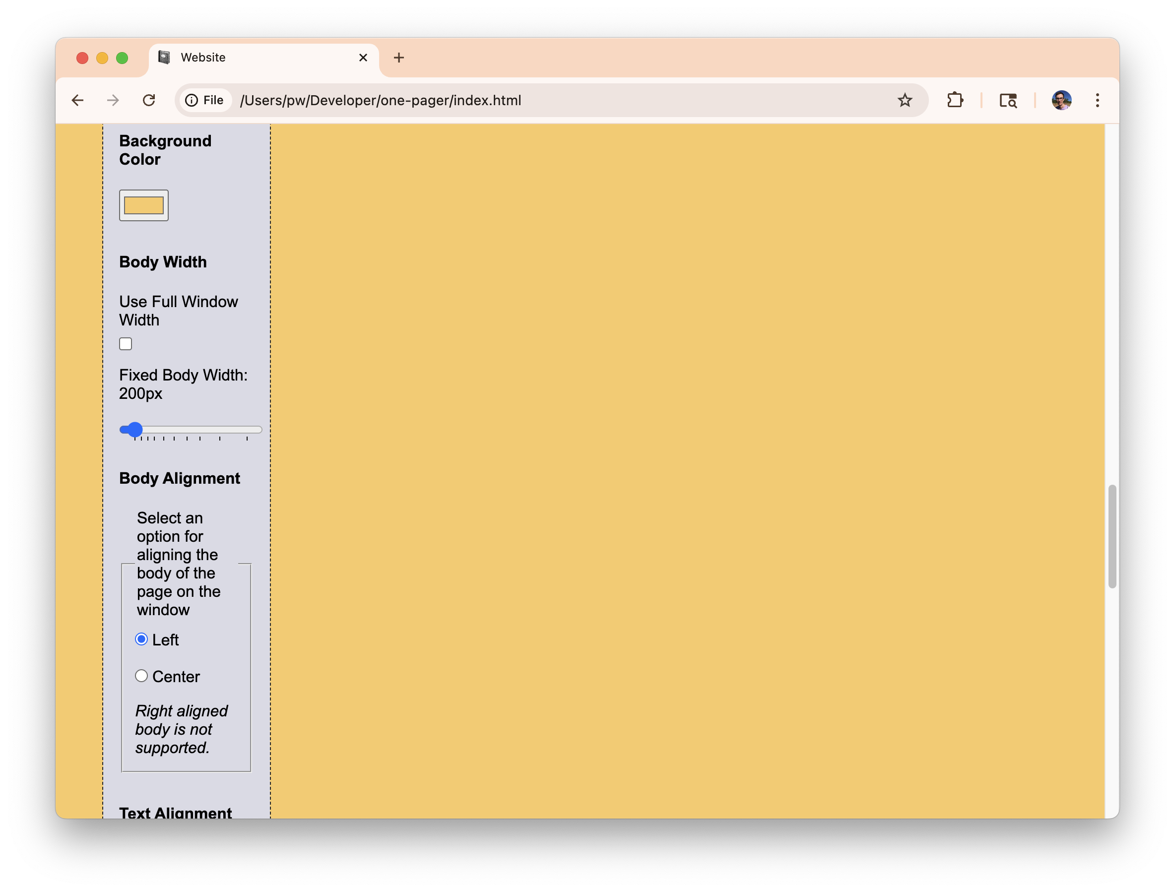 A screenshot of a prototype where the metadata control panel is very narrow because the <body> width has been set to 200px.