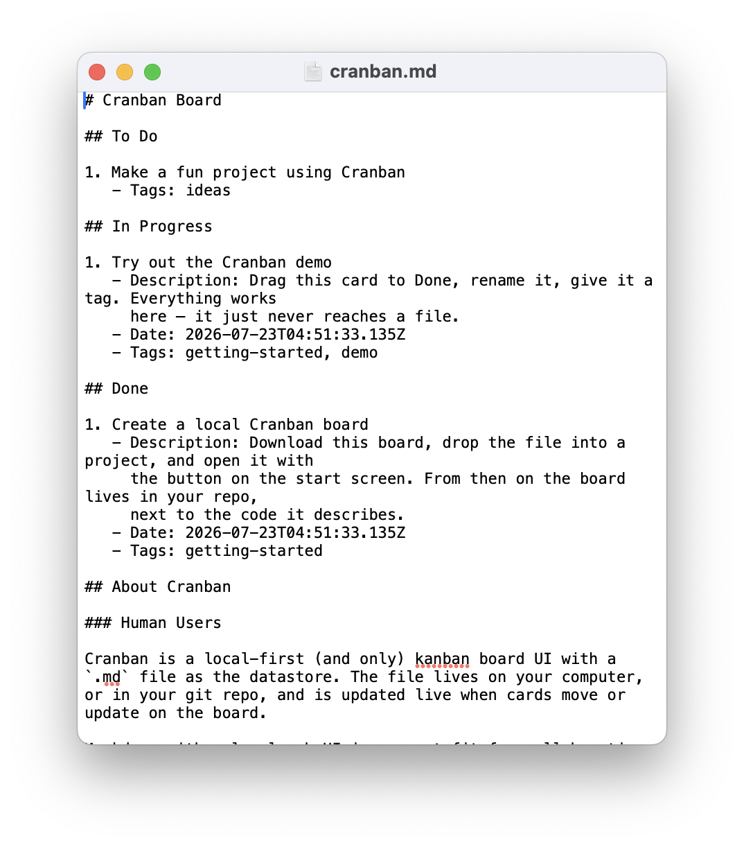 The Cranban demo board as Markdown.