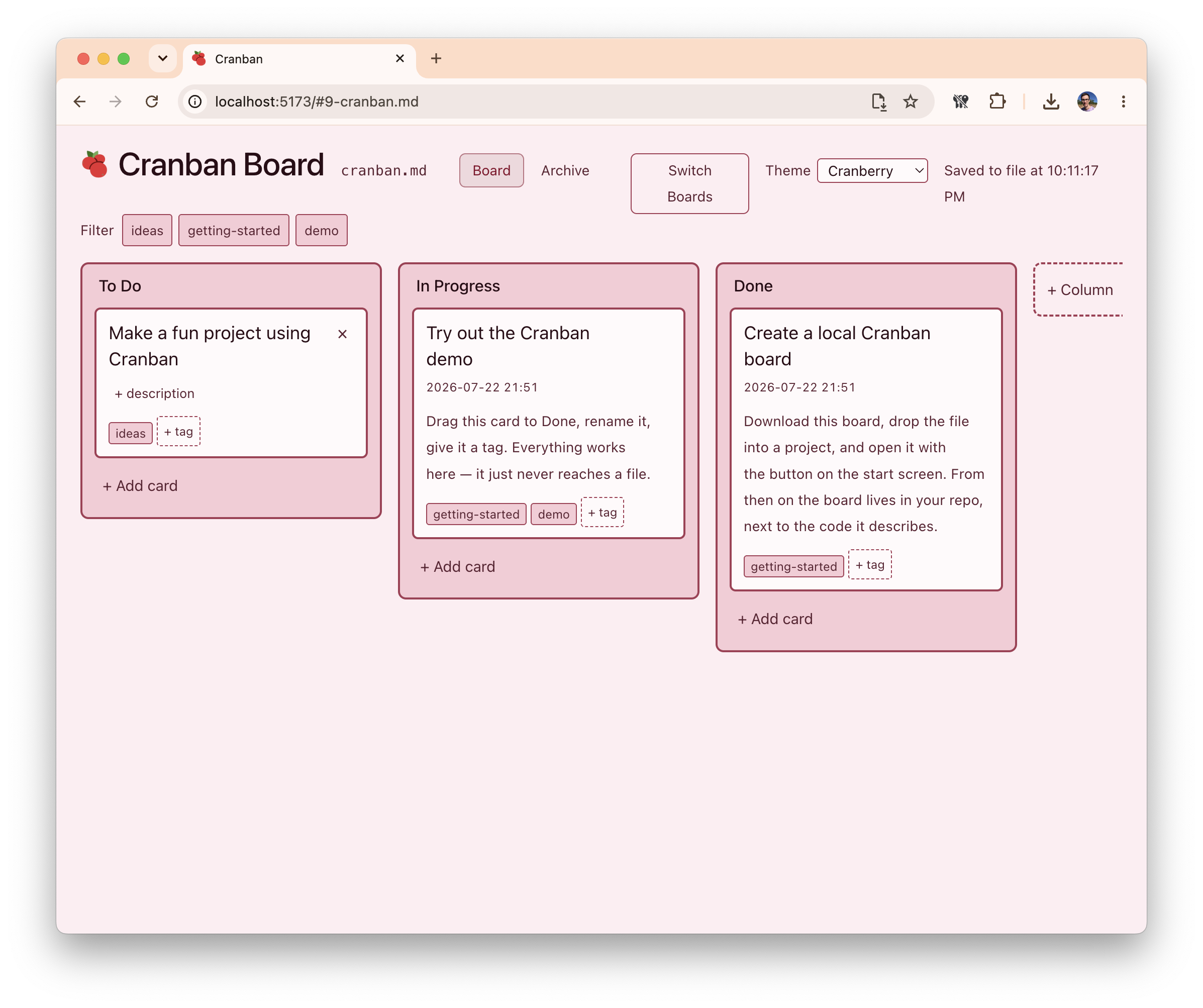 The Cranban demo board with one card in To Do, one card in In Progress, and one card in Done.